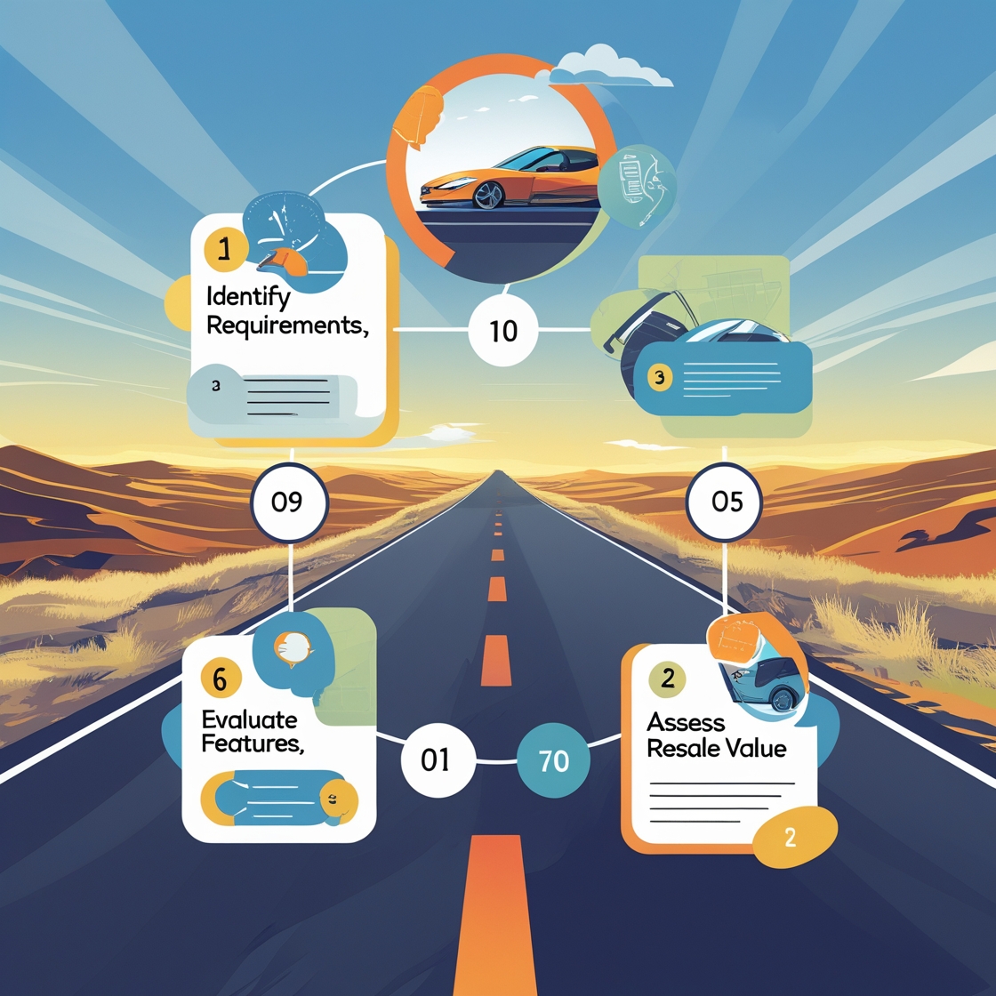 Infographic flowchart with icons and steps, set against a road background, illustrating the step-by-step guide to buying a car. Infographic flowchart with icons and steps, set against a road background, illustrating the step-by-step guide to buying a car.